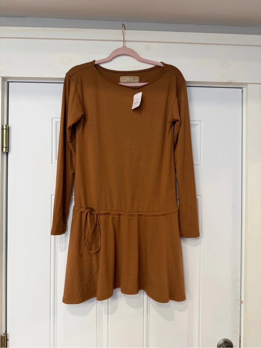 Free People Long-Sleeve Drop Tie-Waist Dress in Rust Brown